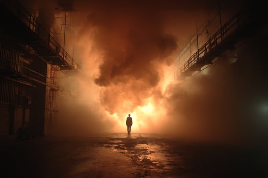 A man standing in front of a large fire photo
