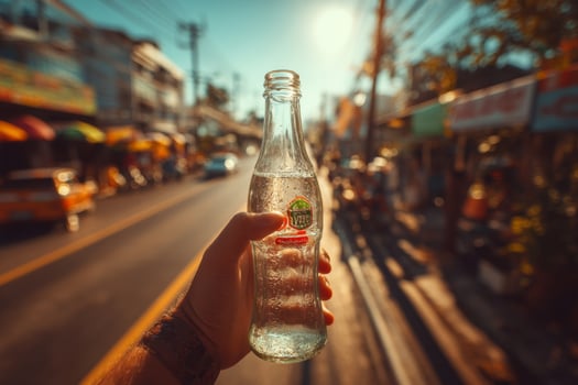 A person holding a bottle of water in front of a city street photo