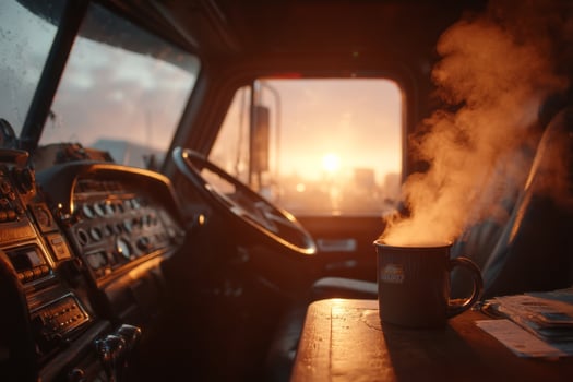 A coffee mug and a coffee cup sitting in the driver's seat of a truck photo