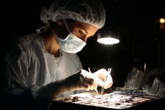 A woman in a white coat and surgical mask working on a device photo