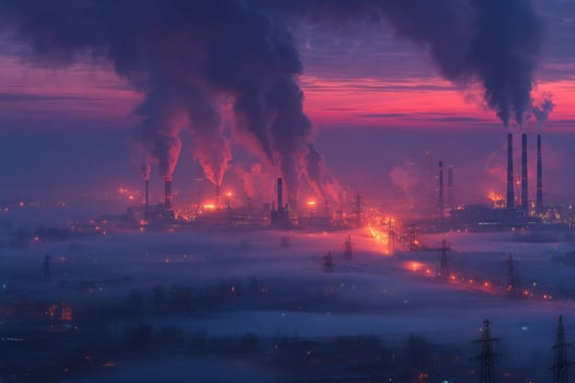 Foggy industrial factory at dusk with smoke coming out of the chimneys photo