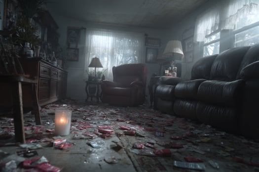 A living room with a candle and a couch photo