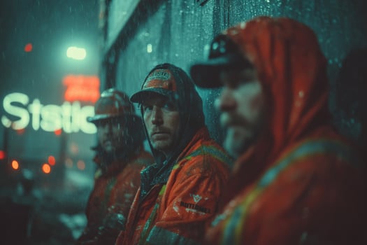 Three men in orange work clothes standing in the rain photo