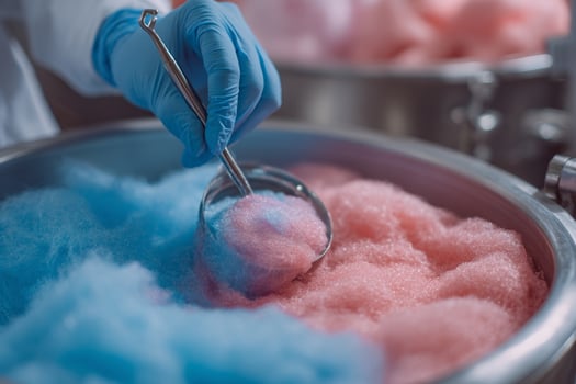 A person in a lab coat is scooping cotton candy photo
