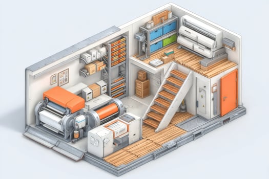 An isometric view of a room with stairs and a desk photo