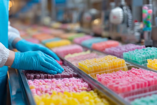 A person in blue gloves is picking out candy from a tray photo