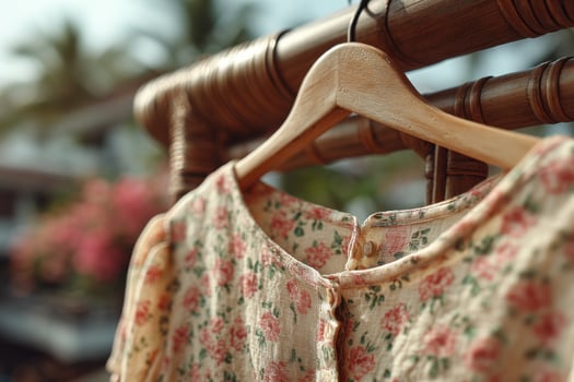 A floral shirt hanging on a wooden hanger photo