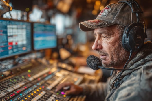 A man wearing headphones and headphones in front of a computer photo