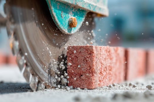 A close up of a brick being cut with a circular saw photo