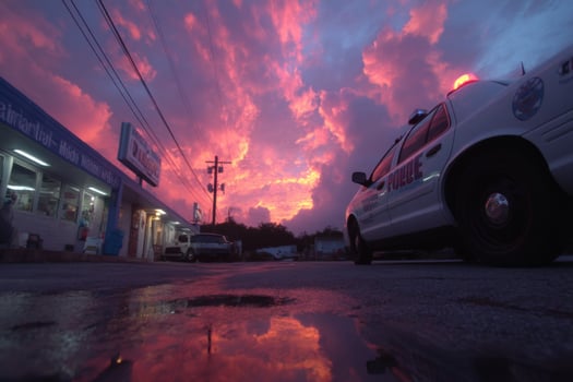 A police car parked in front of a store at sunset photo