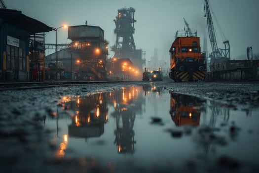 A train is parked on a wet road in front of a factory photo