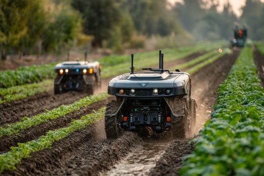 Two tractors driving through a field of crops photo