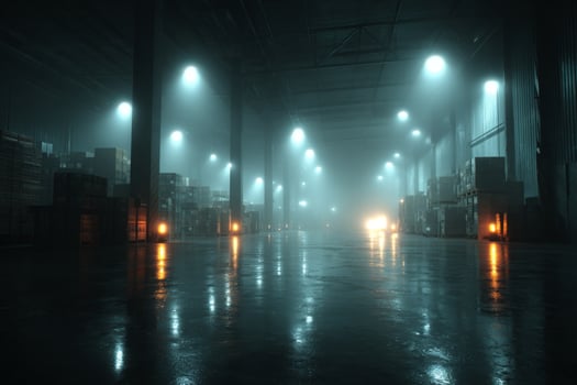 An empty warehouse with lights on at night photo