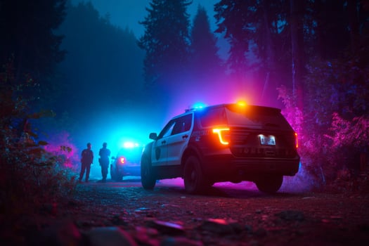 Police car with lights on in the woods photo