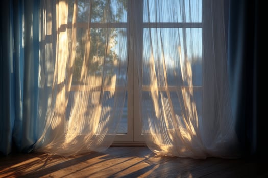 A window with curtains and sunlight shining through photo