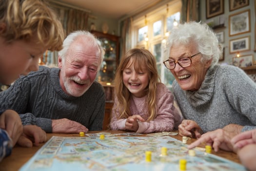 An older couple and their children playing a board game photo