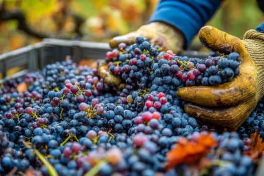 A person is picking grapes from a box photo