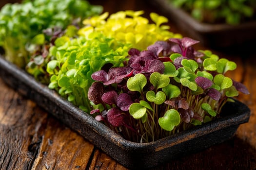 A tray of different types of greens in a wooden box photo