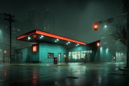 A gas station at night with a red light photo