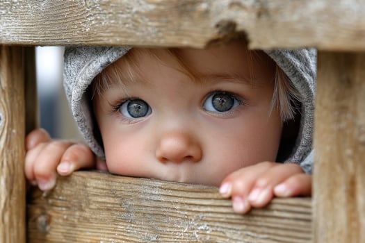 Toddler with bright eyes peeking through wooden slats a curious gaze photo