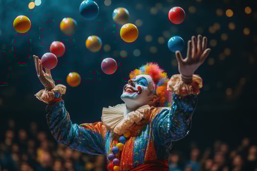 A clown juggling balls in front of a crowd photo