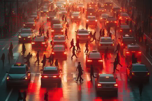 A city street with many cars and people walking photo