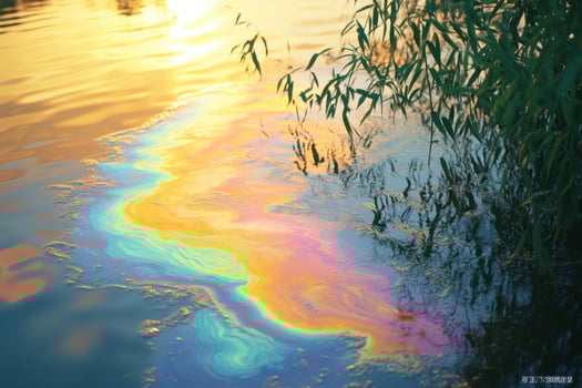 A rainbow colored oil floating in the water photo
