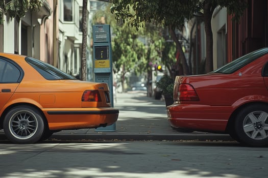 Two orange cars parked side by side on a city street photo