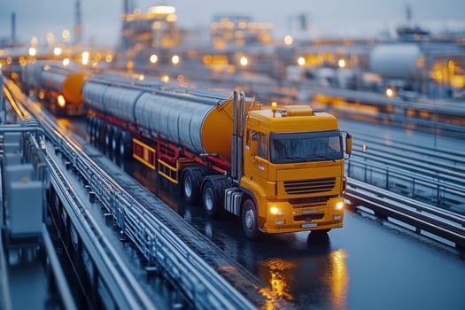 A large yellow truck driving on a road photo