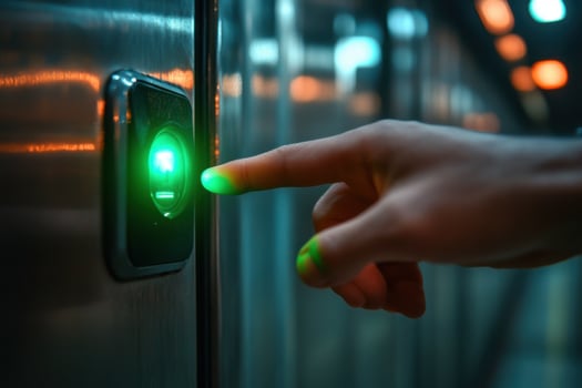 A person pressing a green button on a metal door photo