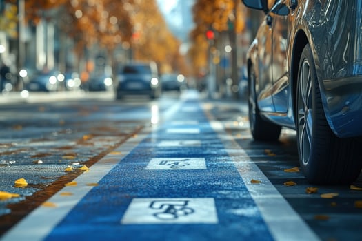 A car is parked on the street with a blue line painted on it photo