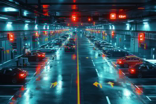 A long parking garage with cars parked in it photo