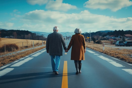 An older couple walking down the road holding hands photo