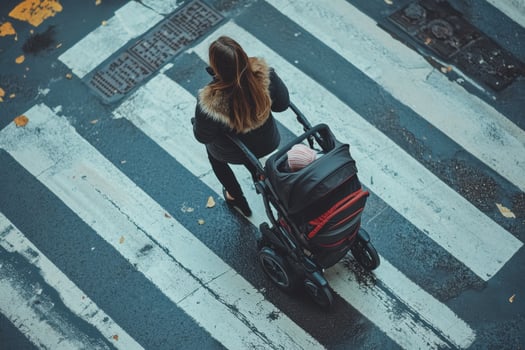 A woman pushing a stroller across a crosswalk photo