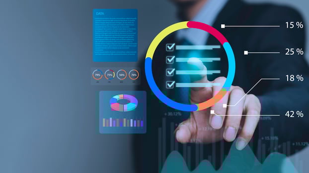 Businessman touching virtual checklist icon on analytics dashboard with pie charts and data percentages, representing project management, business performance tracking, and digital data visualization. photo