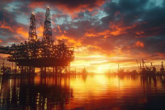 Oil rig at sunset with clouds and water photo