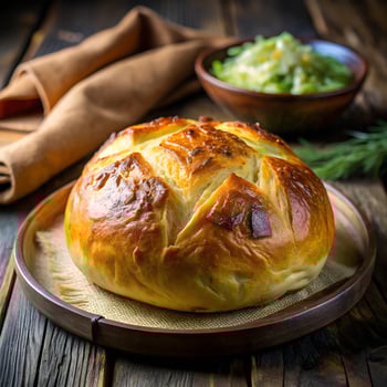 A bread on a wooden table with a bowl of pickles photo