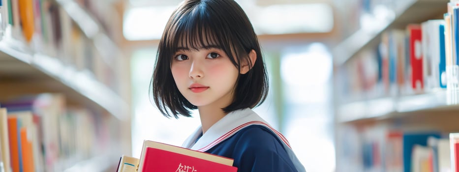 Young woman holding books in library education photo