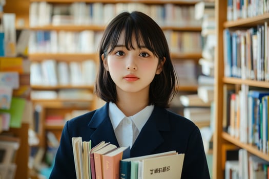 Young adult with books in library bookshelf academic learning photo