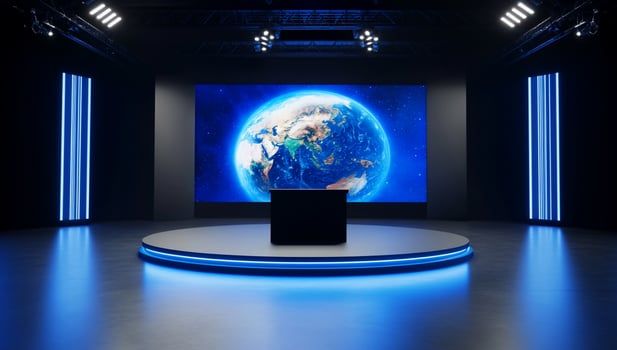 Virtual studio with earth backdrop modern television broadcast set photo