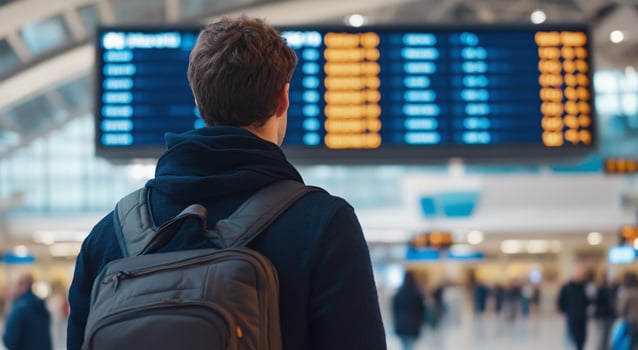 Traveler with backpack looks at airport flight schedule information board photo