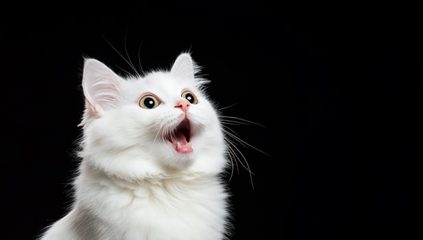 Surprised white cat portrait on black background expressive feline with open mouth photo