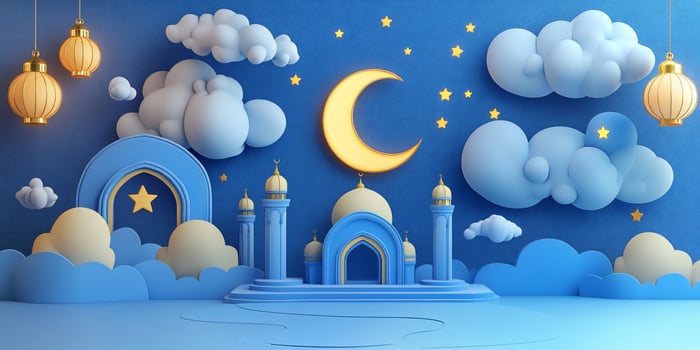 Stylized crescent moon and clouds composition with decorative elements photo