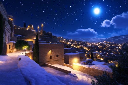 Starry night over urban landscape with buildings under moonlight winter scenery photo