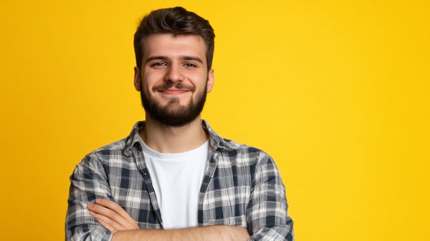 Smiling young man with crossed arms on yellow background portrait photo
