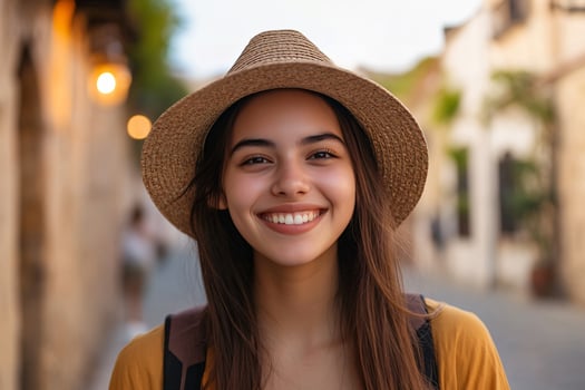 Smiling traveler exploring charming urban street adventure tourism and cultural experience photo