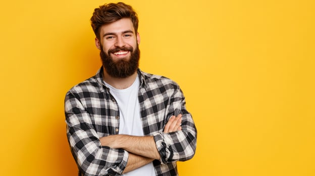 Smiling man with beard and plaid shirt against yellow background photo