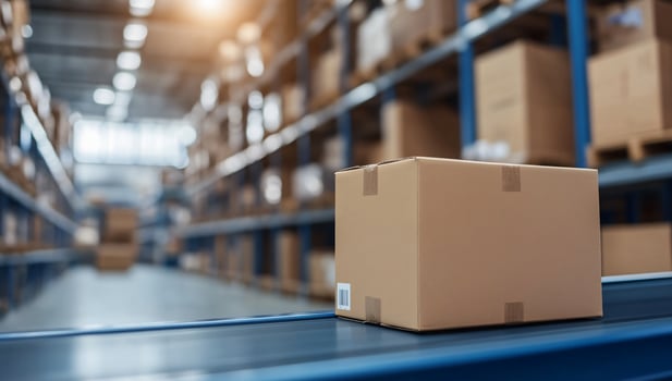 Shipping box on conveyor belt in warehouse distribution center photo