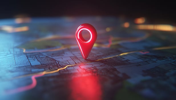 Red location pointer on abstract map navigation and travel photo