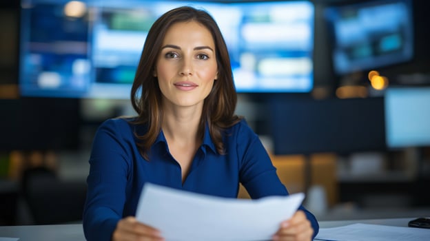 Professional woman at desk in office or newsroom with paperwork and screen photo
